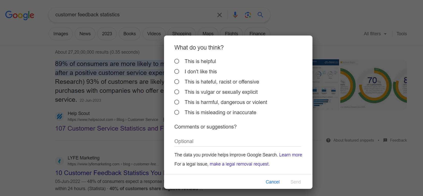 Screenshot of Google search result with feedback options like “helpful” and “misleading.”