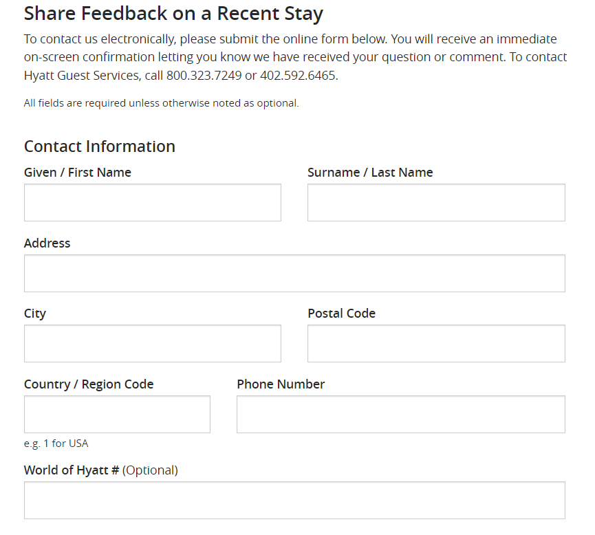 Screenshot of Hyatt’s customer feedback form on its website.