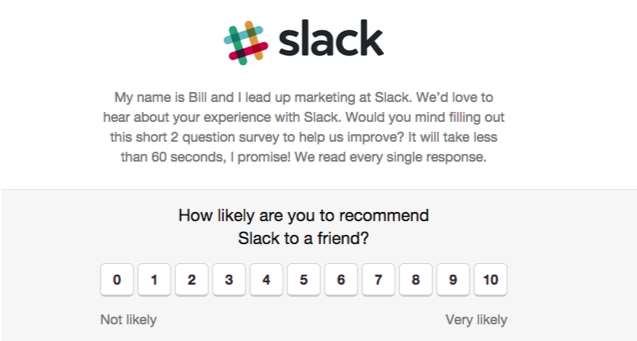 Slack interface with embedded feedback widget and NPS rating message.