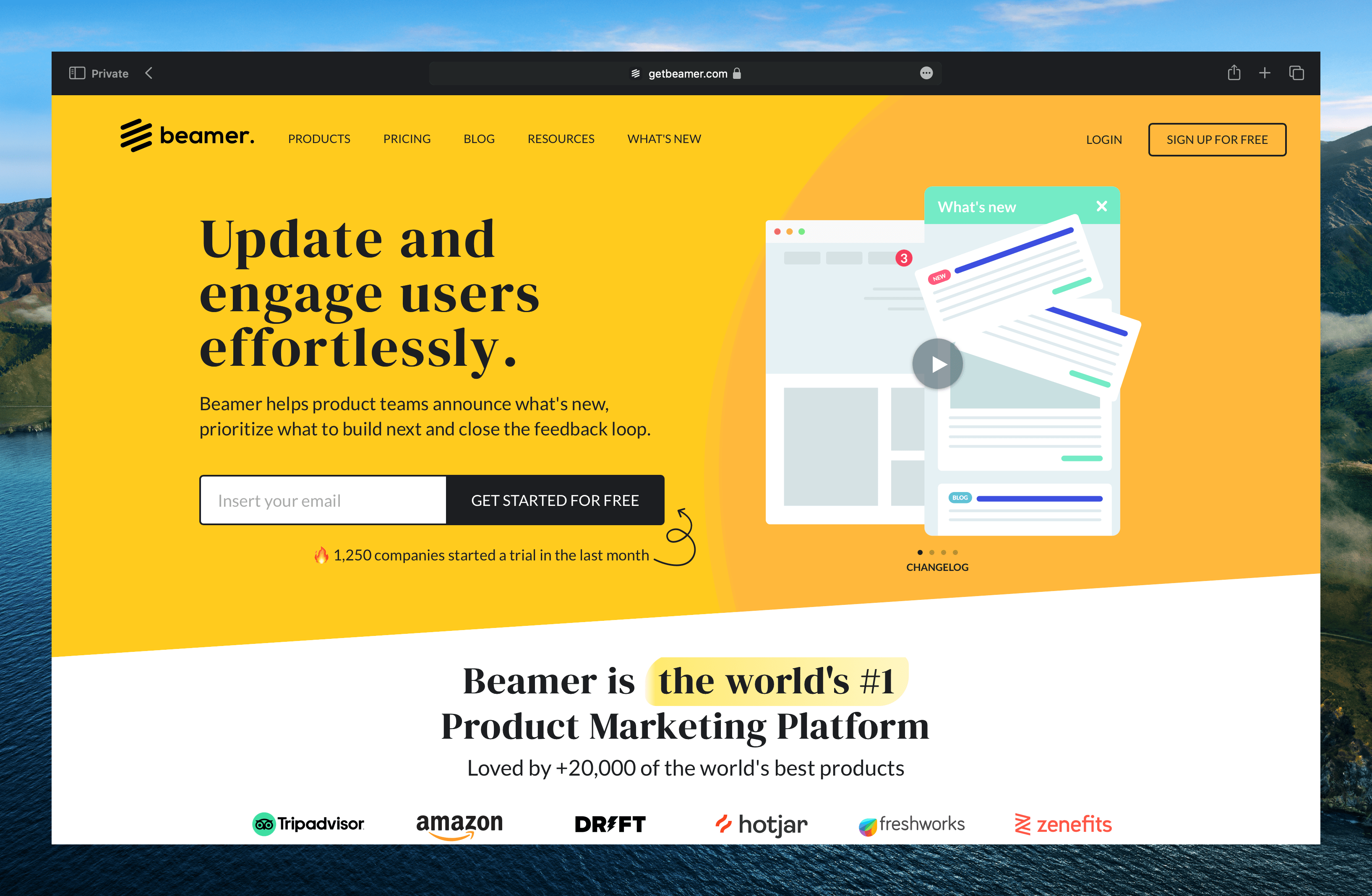 Beamer release notes widget showing product updates in a vertical feed layout, designed for quick in-app announcements and user engagement within SaaS products.