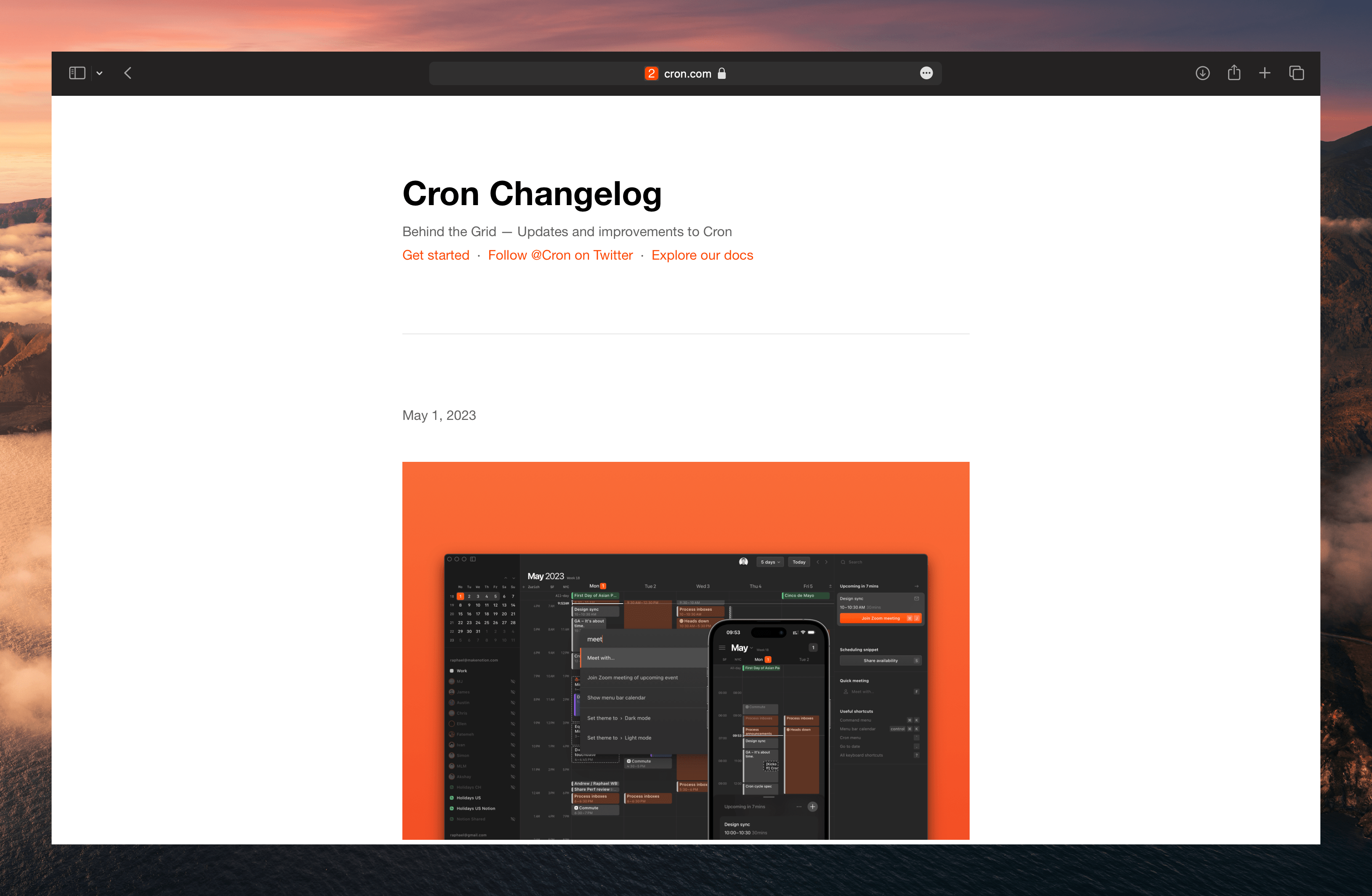 Cron’s release notes displaying minimalist product updates and changelog entries—FeatureOS offers a smarter, integrated alternative with AI-powered announcements and real-time feedback collection.