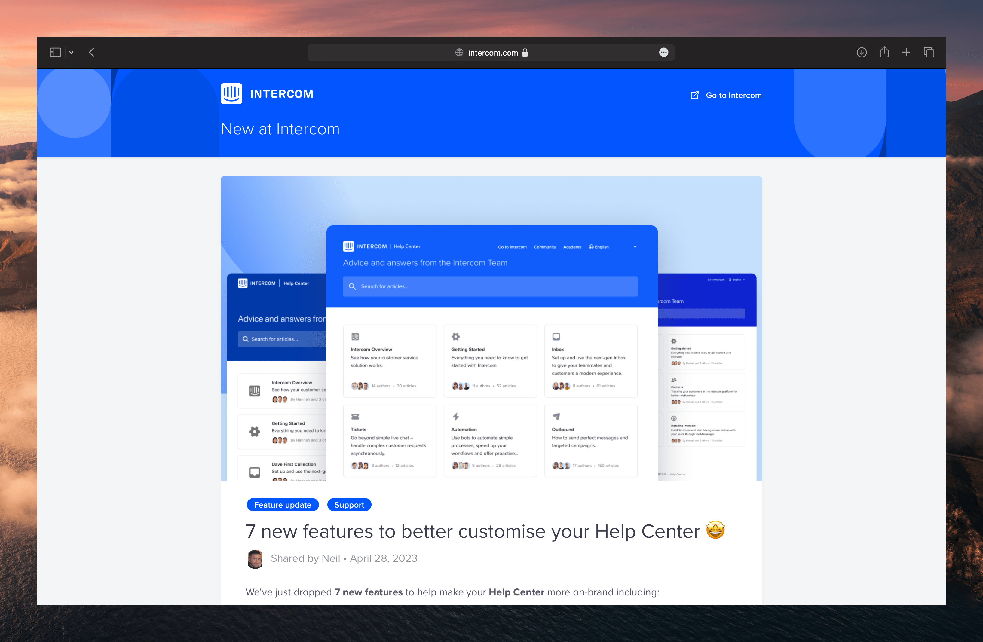 Intercom’s release notes page featuring categorized updates with visual highlights, showcasing a user-focused approach to announcing product improvements and new features.
