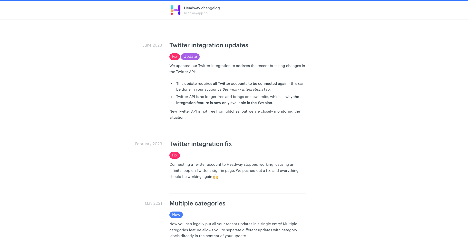Headway changelog widget displaying recent product updates in a compact, embeddable format commonly used for SaaS release notes and announcements.