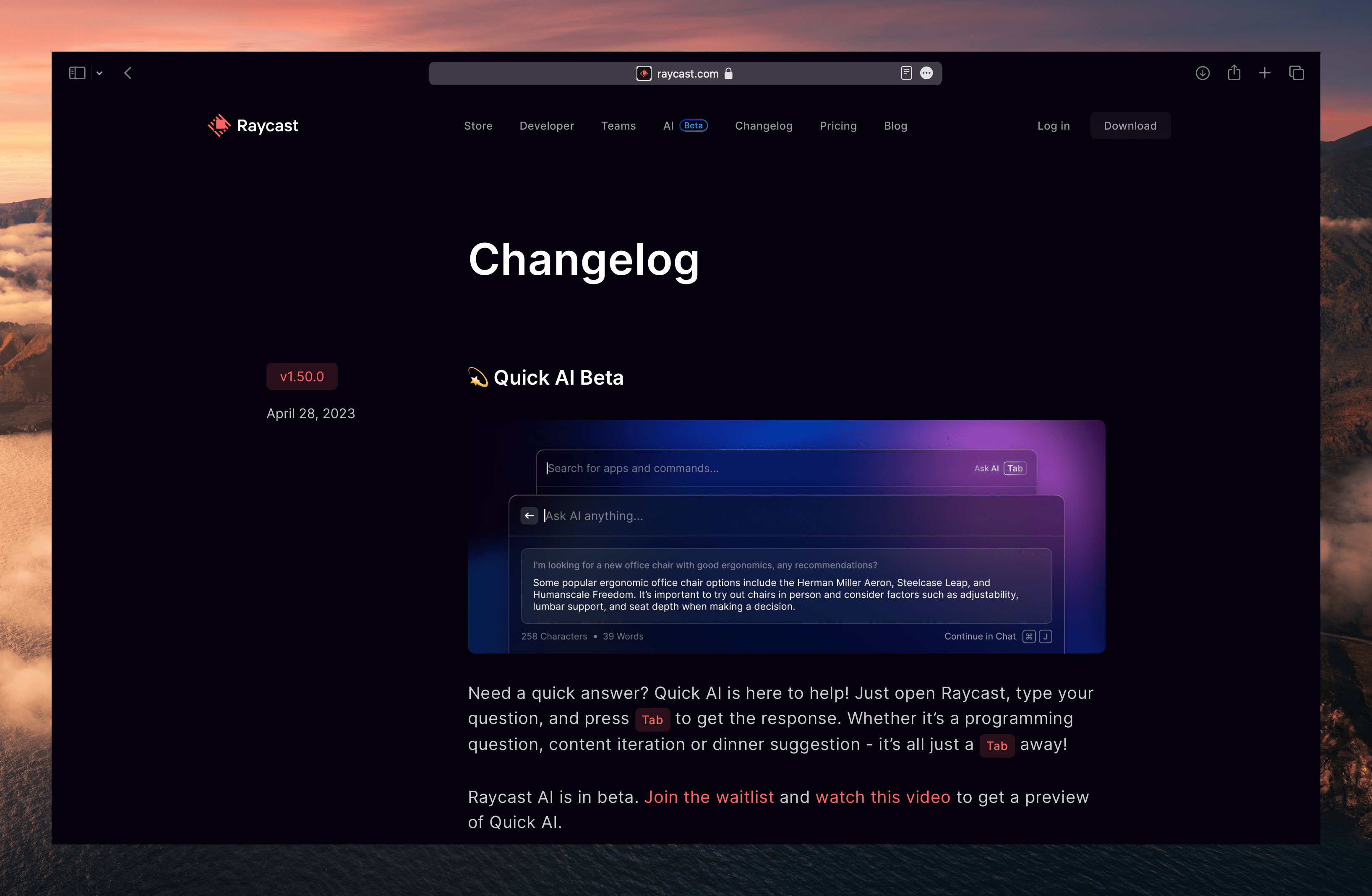 Raycast release notes highlighting new features, improvements, and fixes in a clean, developer-friendly interface—showcasing effective product communication.