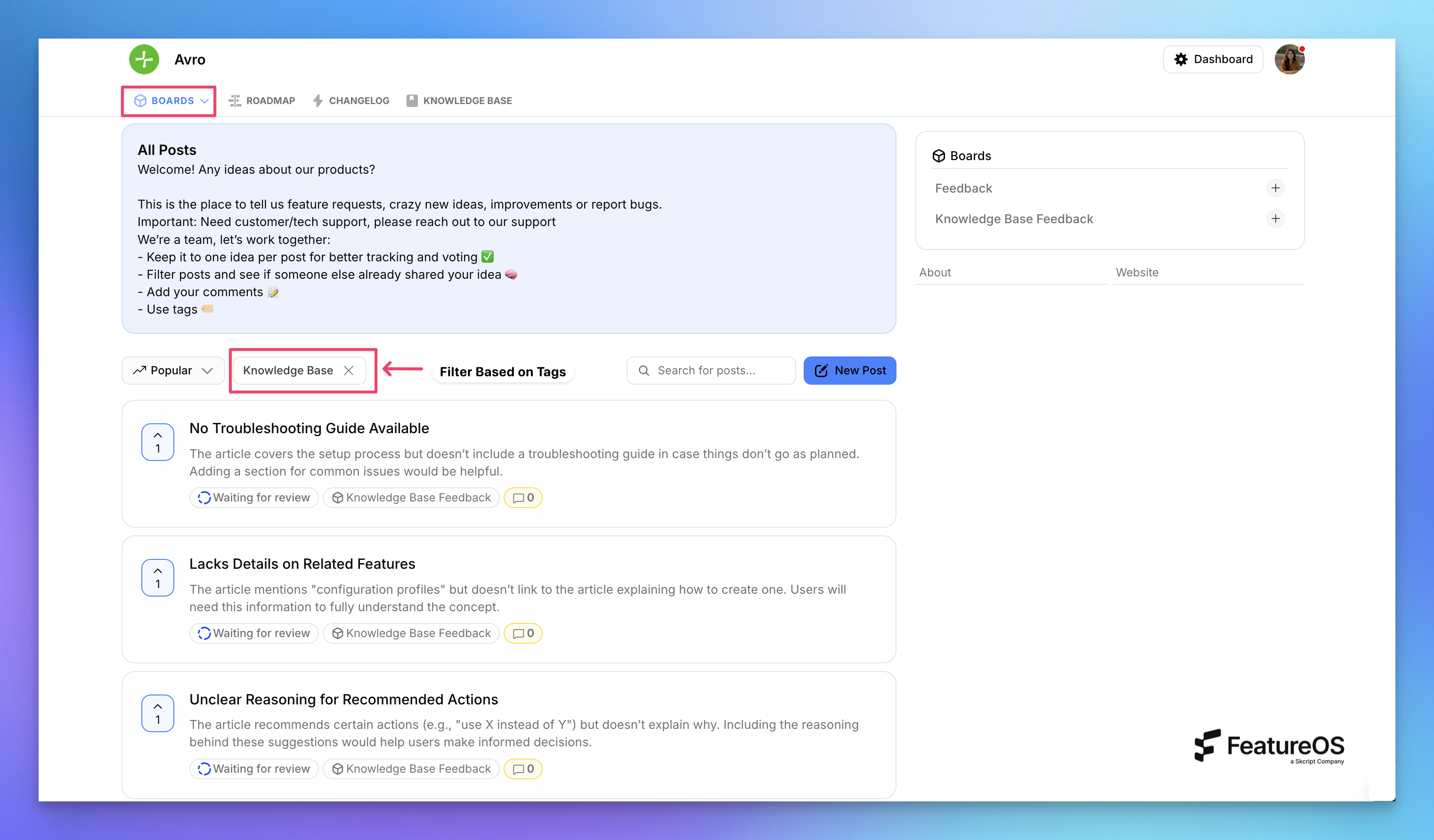 Or track them in single feedback board by categorizing them using Tags by FeatureOS
