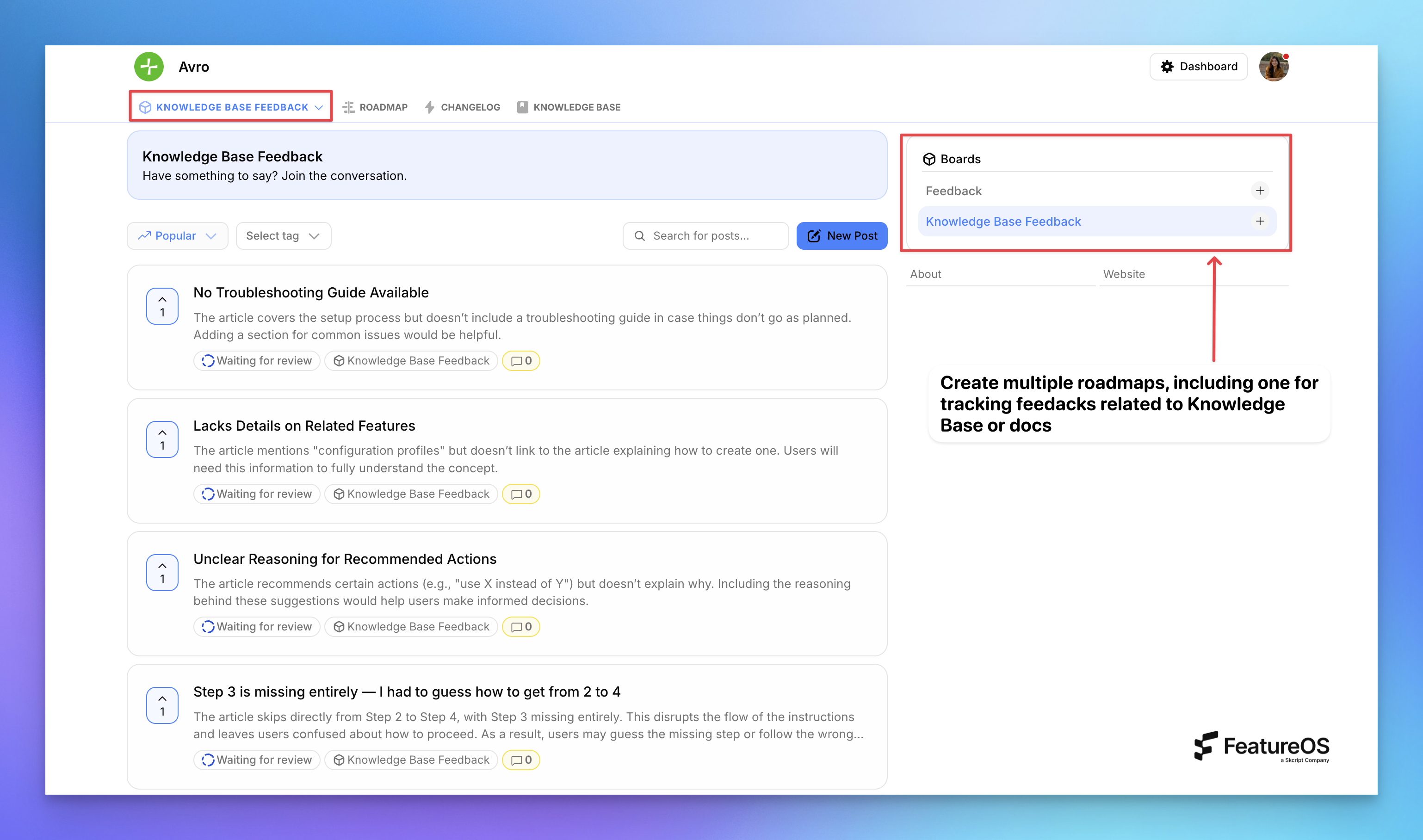Track Feedbacks for your docs or knowledge base articles using multiple dedicated feedback board by FeatureOS