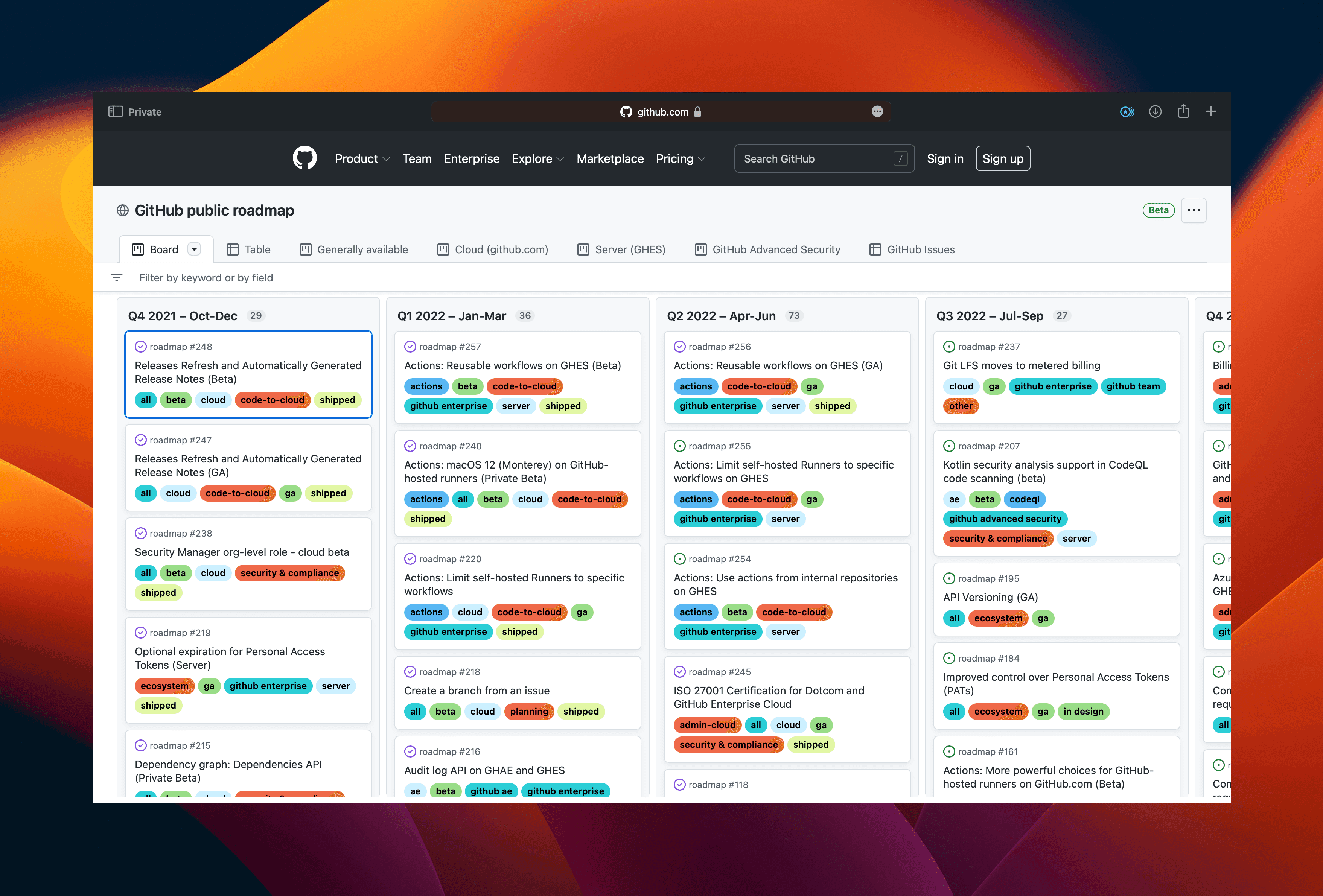 GitHub’s public roadmap displayed in a kanban-style board with columns for quarterly planning, showing tags like “in progress,” “shipped,” and “under consideration.”