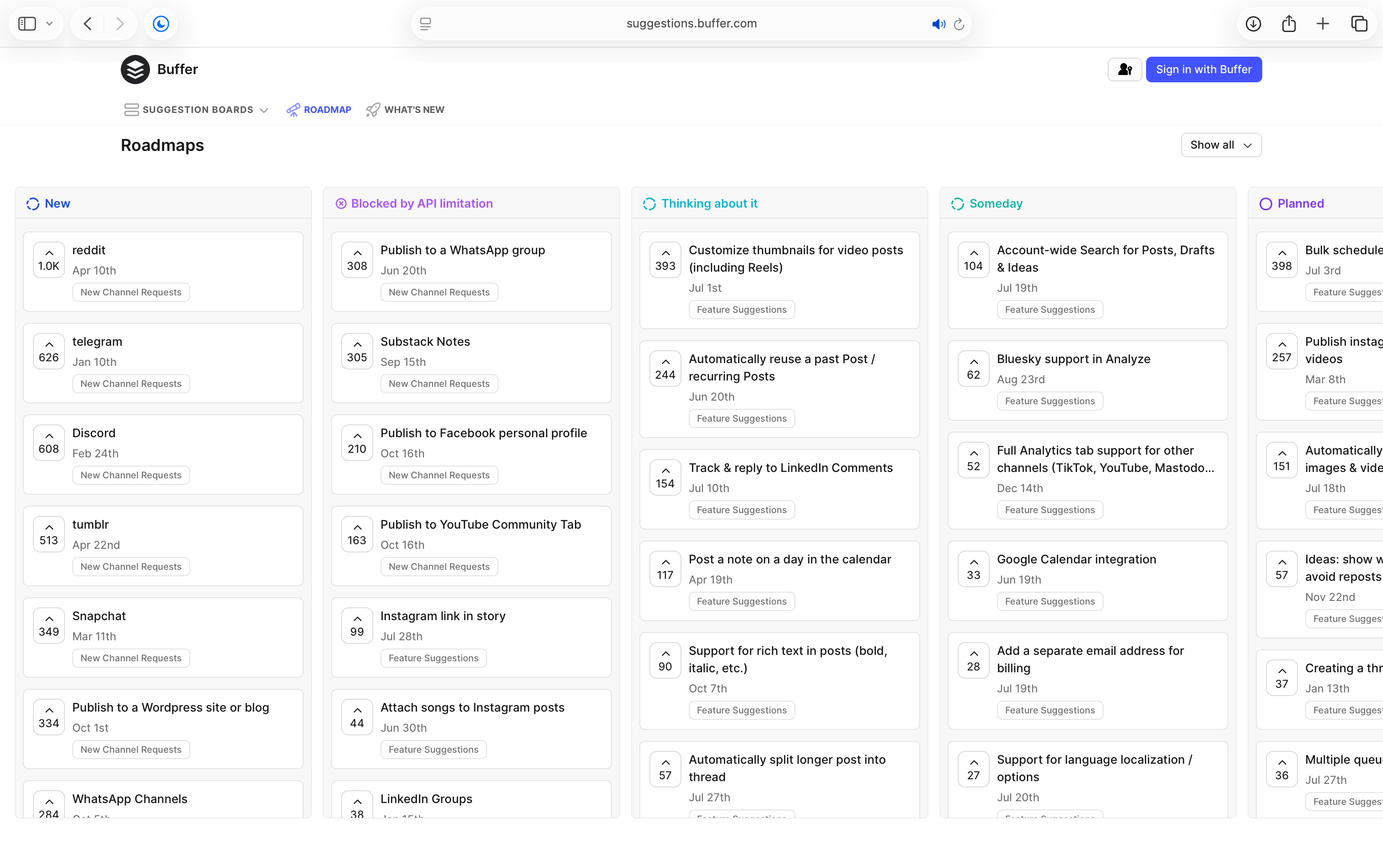 Public roadmap of Buffer using FeatureOS, featuring suggestion boards with feature requests and roadmap columns such as New, Thinking About It, and Planned.