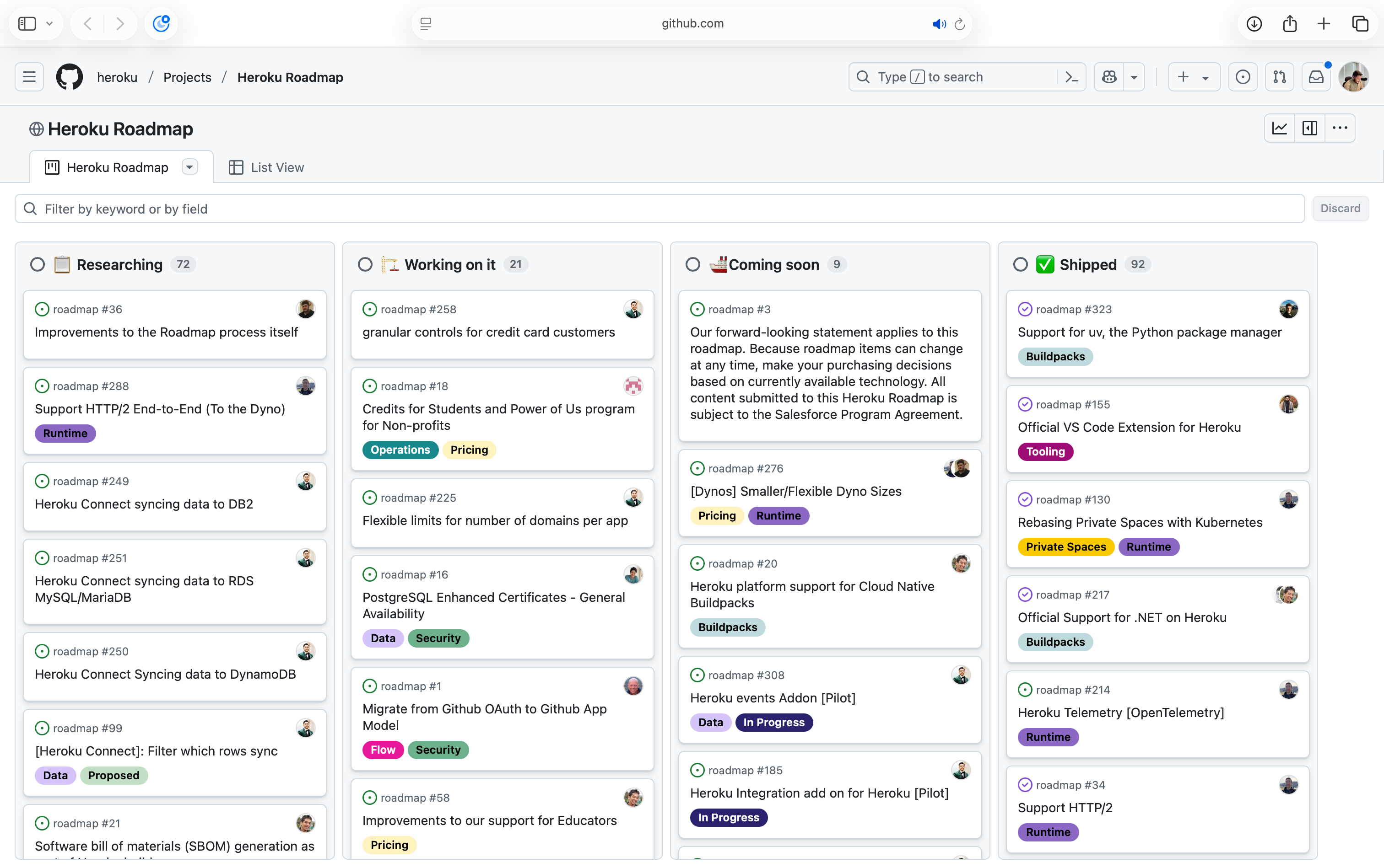 Heroku’s public product roadmap displayed in GitHub’s kanban view with categories such as Researching, Working On, Coming Soon, and Shipped.