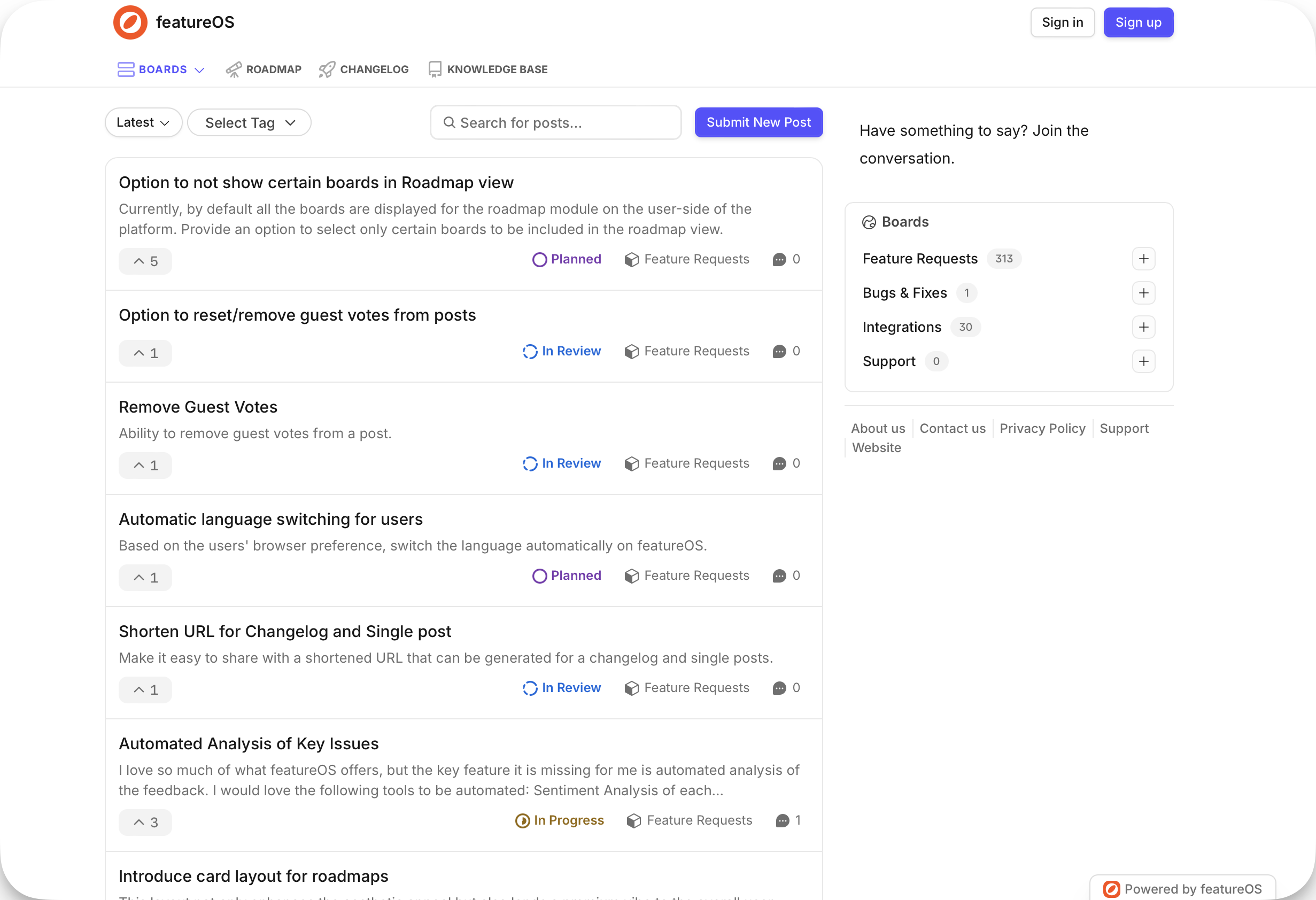 Screenshot of FeatureOS feedback board interface showing public user feature requests, voting, status tags, and categories—demonstrating how users can submit suggestions, vote, and track product development in real time.