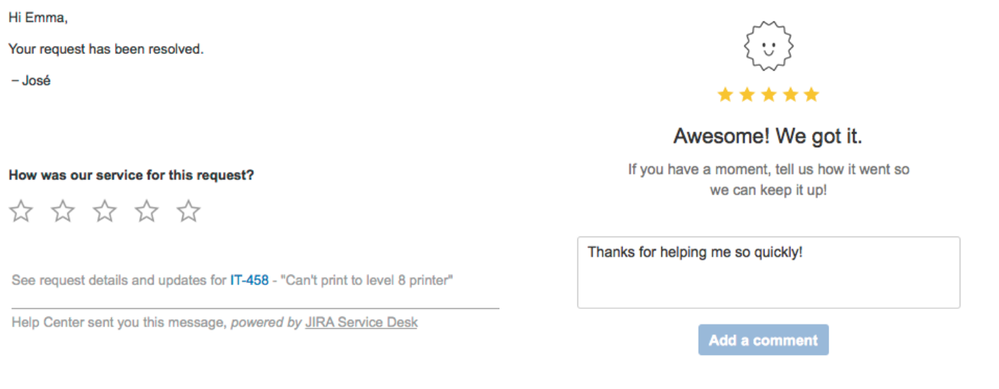 Example of real-time customer feedback collection in a JIRA Service Desk email, showing a resolved request, star rating, and user comment.
