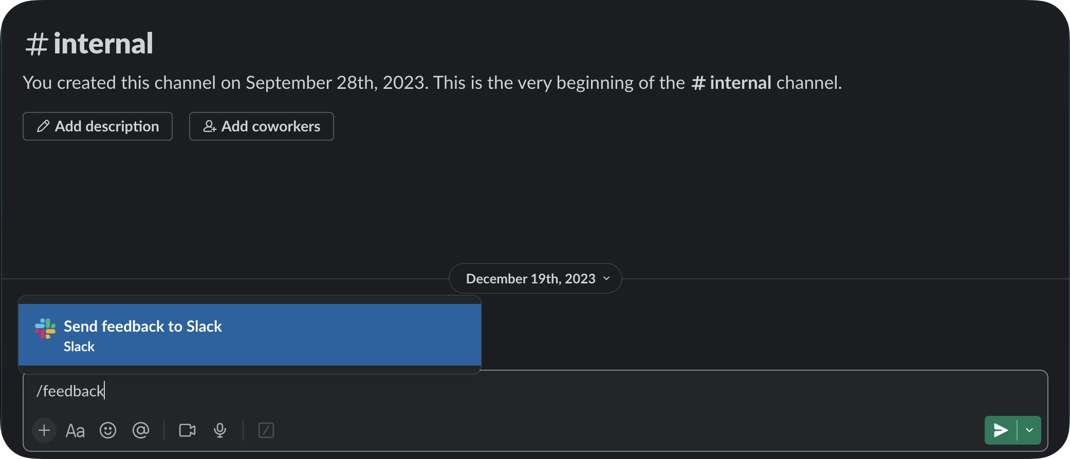 Slack channel showing a user typing the /feedback command to send real-time feedback, demonstrating internal team feedback collection via Slack.