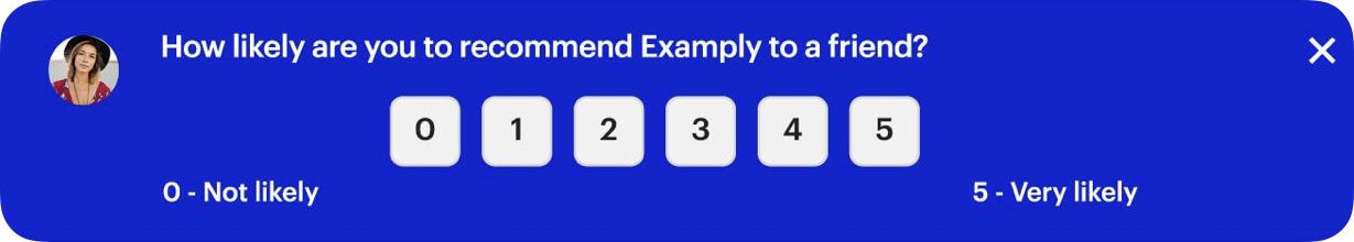 n-app Net Promoter Score (NPS) survey asking how likely a user is to recommend Examplly, with a 0 to 5 rating scale for quick feedback collection.