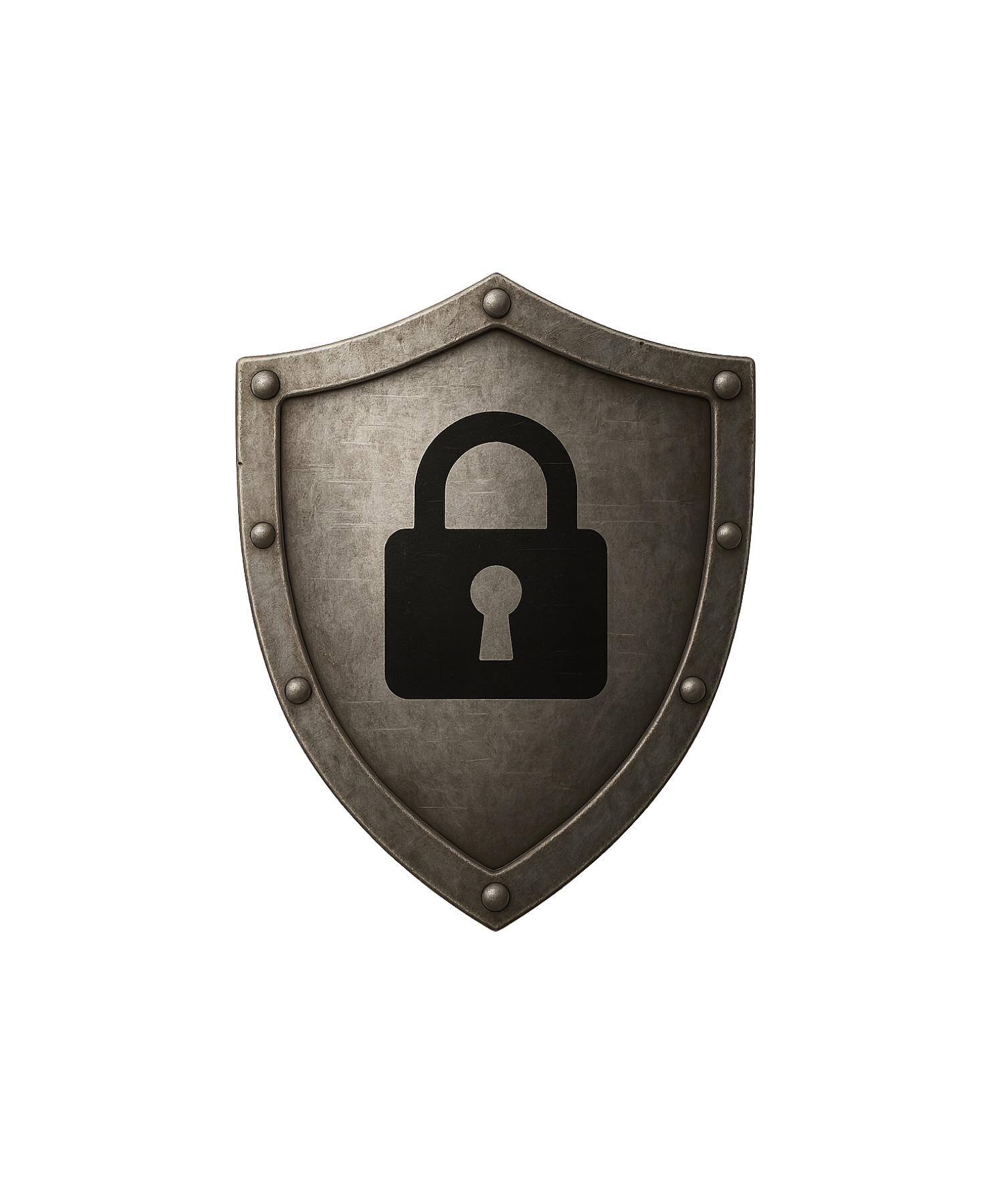 A metallic shield with padlock icon