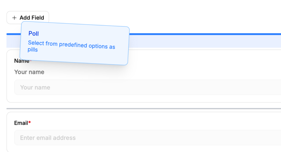Form builder interface showing a poll field with predefined options and basic input fields.