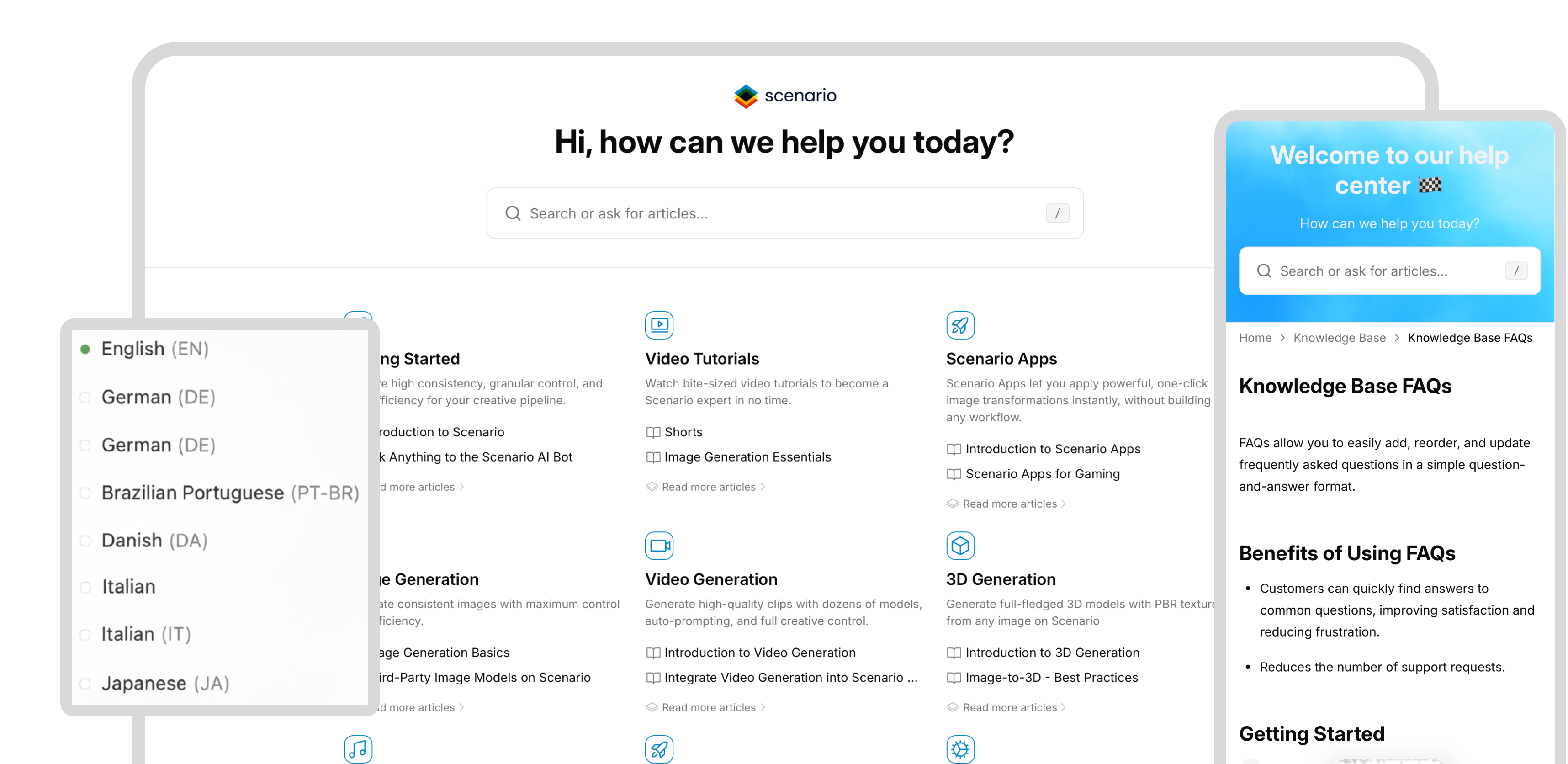 AI-powered help center with searchable knowledge base, multi-language support, and FAQ articles.
